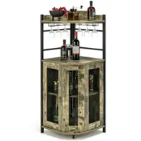 Costway Corner Bar Cabinet Industrial Liquor Wine Cabinet with Glass Holder & Mesh Doors - Taupe - Front_Zoom