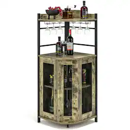Costway - Corner Bar Cabinet Industrial Liquor Wine Cabinet with Glass Holder & Mesh Doors - Taupe