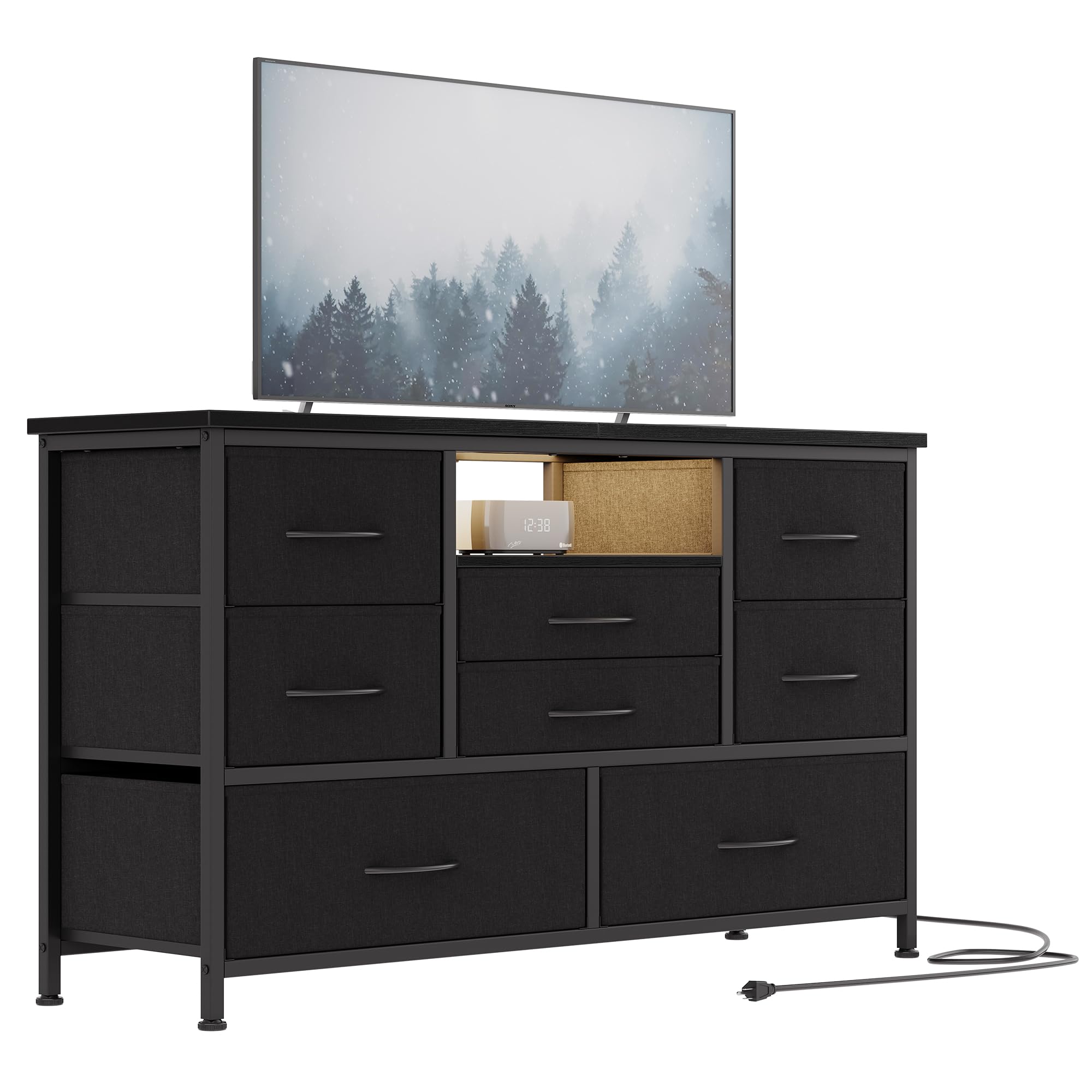 Front. Acekool - 8 Drawer Dresser TV Stand for 55" TV, Long Bedroom Dresser with Power Outlets & Adjustable LED Lights - Black.