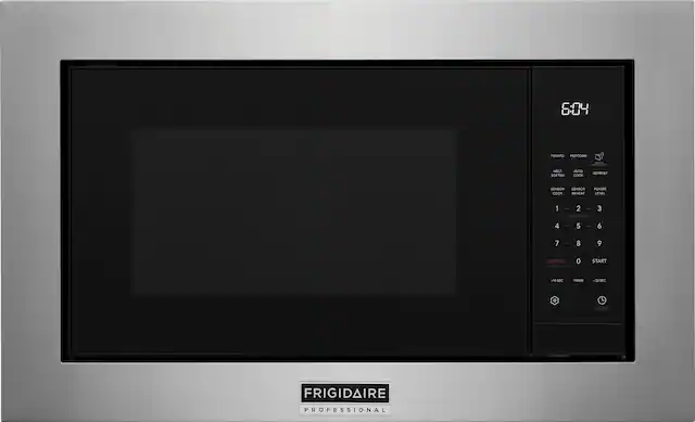 The text on the image reads: "6:04 POTATO POPCORN HU MELT SOFTEN AUTO COOK DEPROST SENSOR SENSOR COOK REHEAT POWER LEVEL 1 2 3 4 5 6 7 8 9 CANCEL - - OS 0 START 10S4C TIMER 30SEC FRIDIDAIRE PROFESSIONAL."