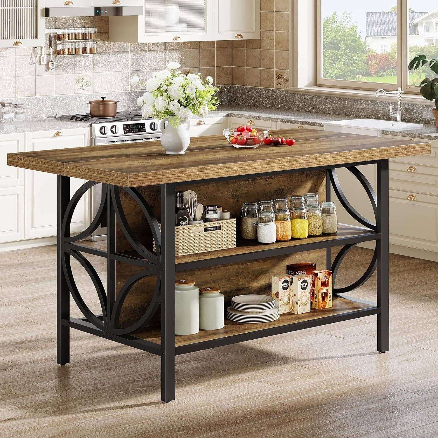 Tribesigns - Kitchen Island with Engineered Wood Construction, Storage Shelves and Adjustable Feet for Kitchen - Brown