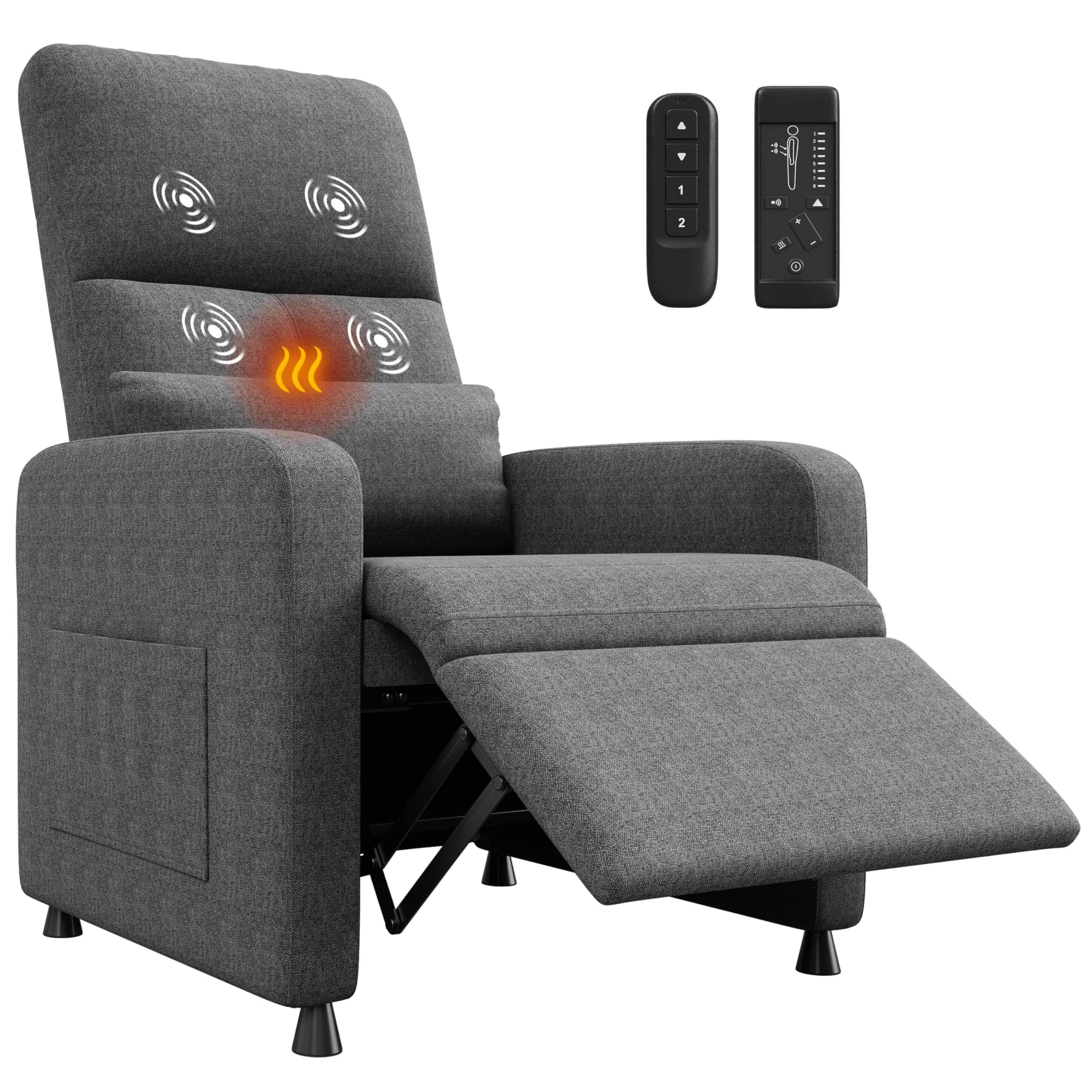 Jojoka - Power Recliner Chair with Massage & Heat, Adjustable Linen Electric Recliner with USB Port, Side Pockets & Tall Back - Gray