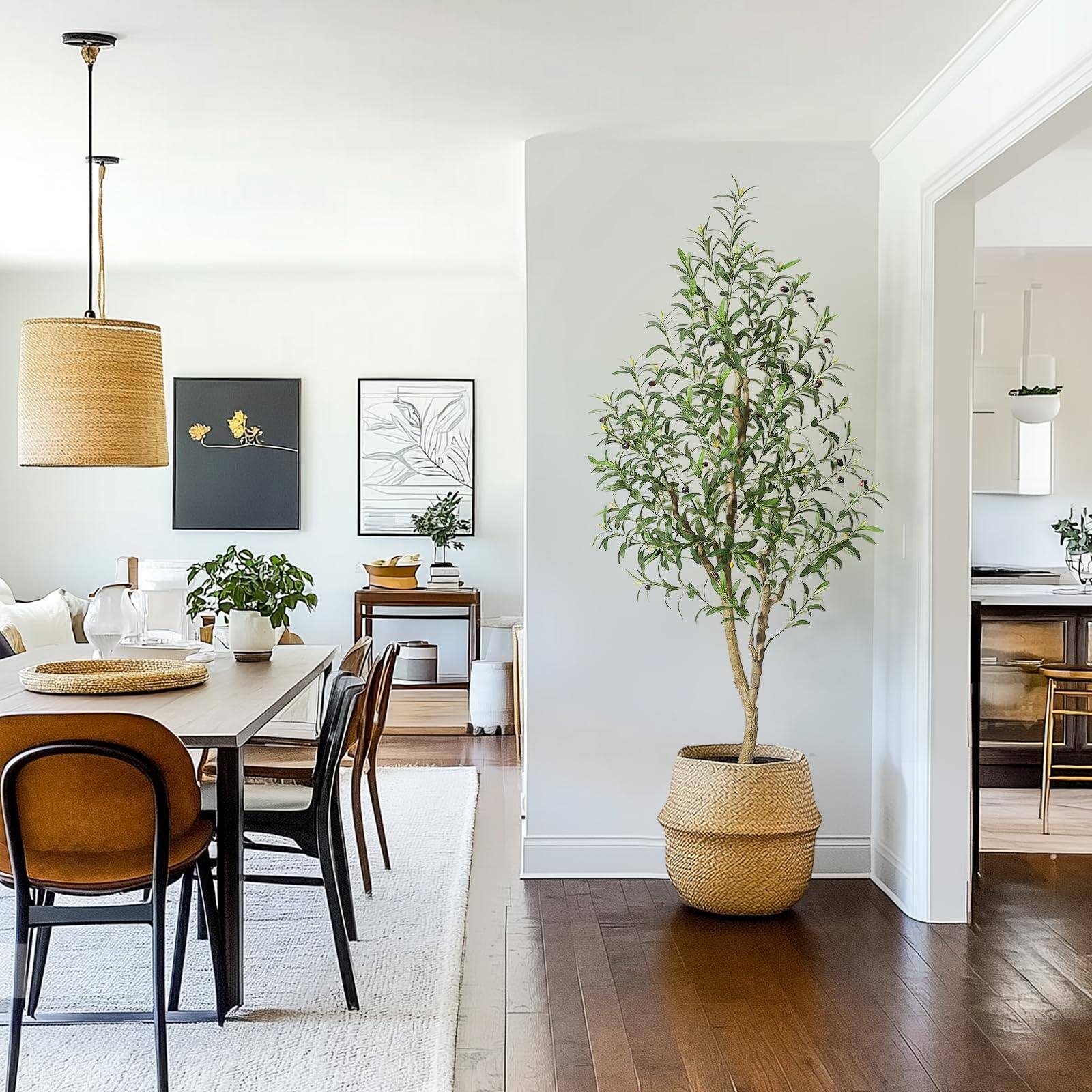 Left. Homhougo - 6FT Faux Olive Tree Tall,Olive Trees Artificia Indoor with White Planter - Green.