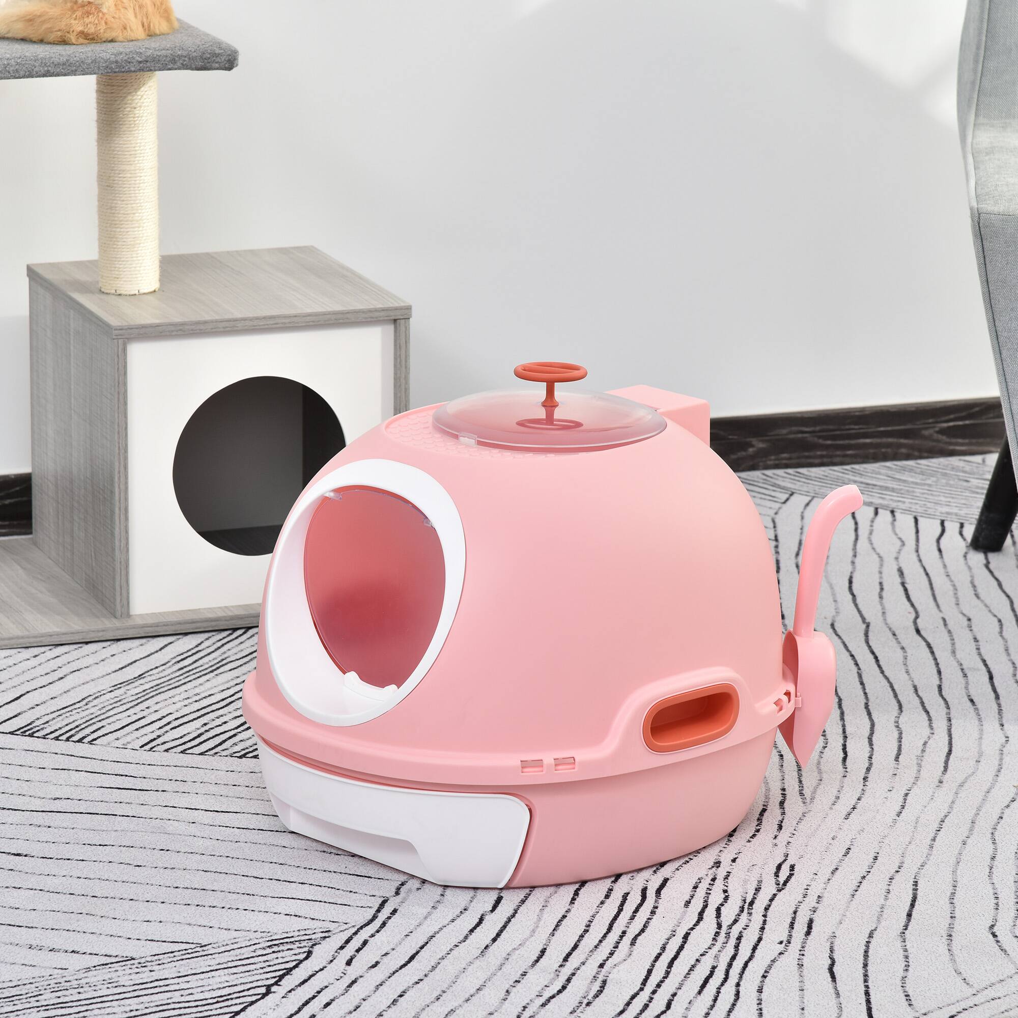 Angle. Pawhut - Covered Cat Litter Box, Kitty Litter Box with a Lid, Scoop Enclosed Drawer & Skylight for Cats, Easy to Clean - Pink.