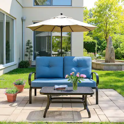 Front. Kadyn - 2 Pieces Patio Furniture Set, Outdoor Cushioned Coffee Table Seat for Patio, Garden, Outdoor Furniture Conversation Sets - Blue.