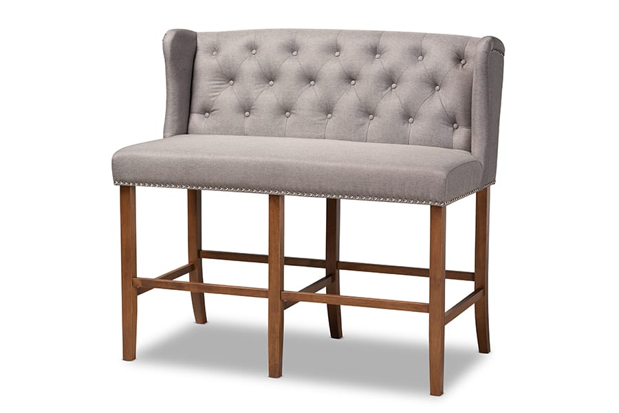 Baxton Studio - Alira Modern and Contemporary Fabric Upholstered Walnut Finished Wood Button Tufted Bar Stool Bench - Grey/Brown