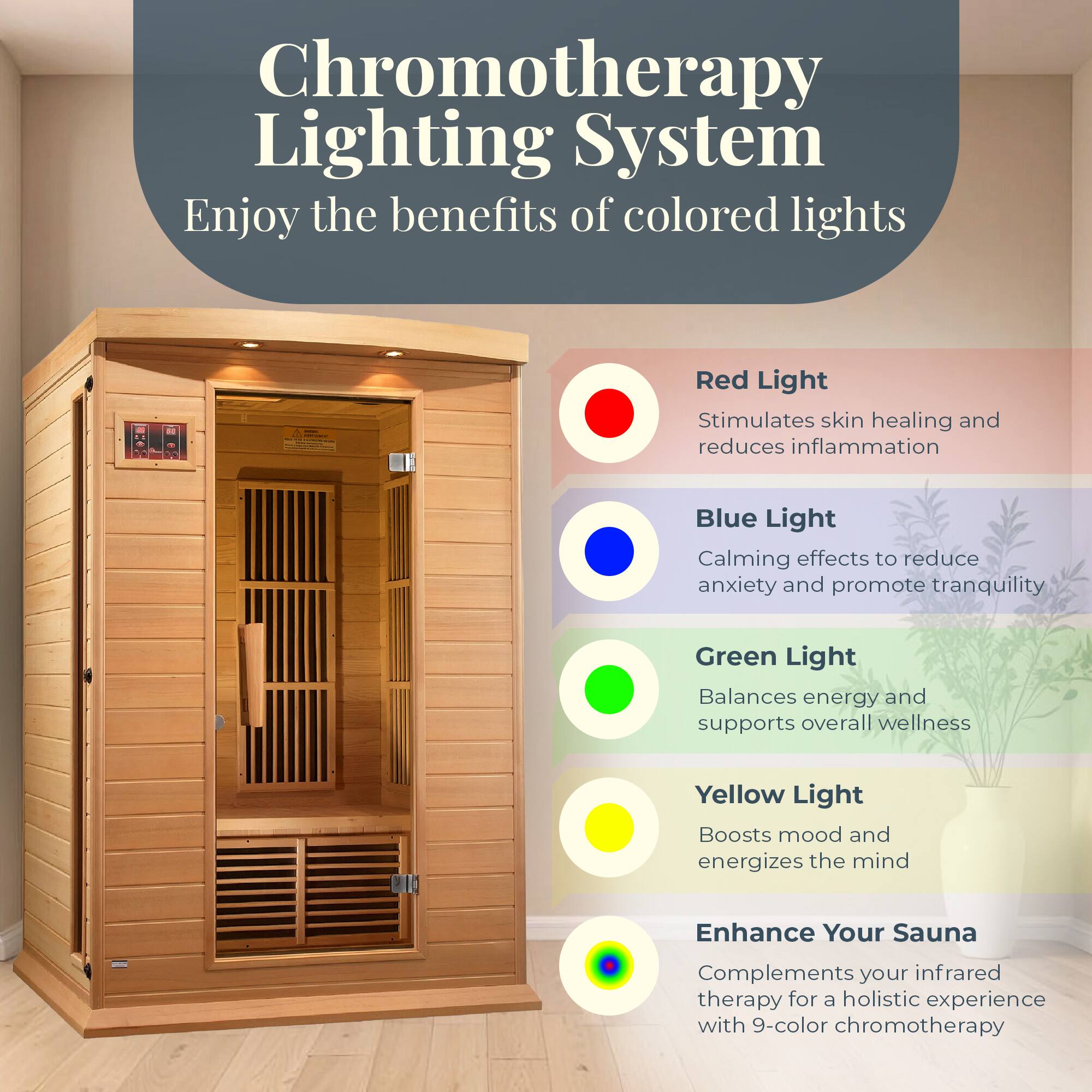 Chromotherapy Lighting System  
Enjoy the benefits of colored lights

- Red Light  
  Stimulates skin healing and reduces inflammation

- Blue Light  
  Calming effects to reduce anxiety and promote tranquility

- Green Light  
  Balances energy and supports overall wellness

- Yellow Light  
  Boosts mood and energizes the mind

Enhance Your Sauna  
Complements your infrared therapy for a holistic experience with 9-color chromotherapy