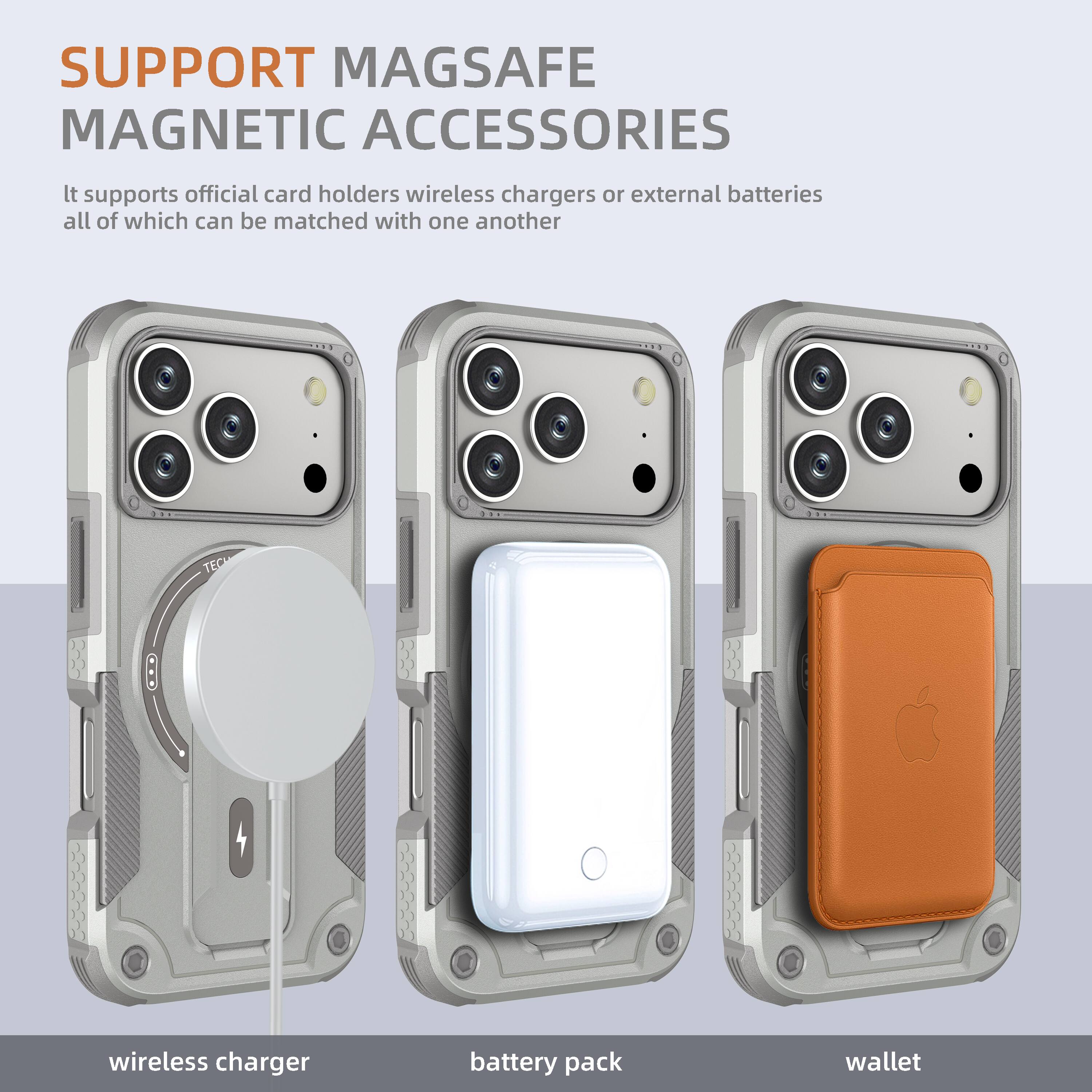 SUPPORT MAGSAFE MAGNETIC ACCESSORIES

It supports official card holders, wireless chargers, or external batteries, all of which can be matched with one another.

wireless charger  
battery pack  
wallet