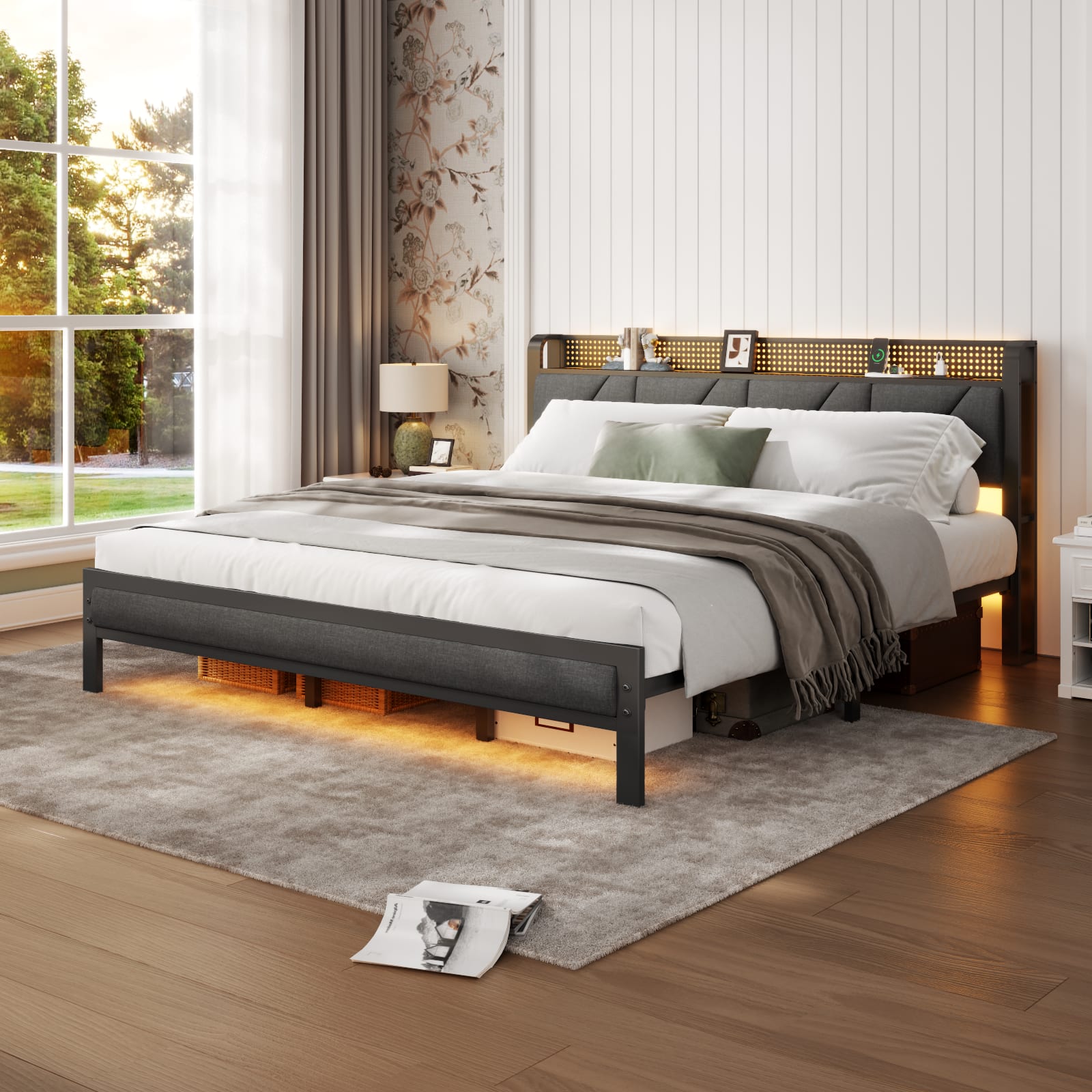 Furnulem - Metal Storage Bed Frame with Upholstered Storage Headboard & Charging Station & RGB LED - Brown