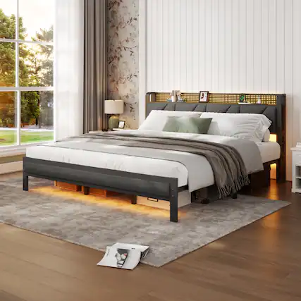 Front. Furnulem - Metal Storage Bed Frame with Upholstered Storage Headboard & Charging Station & RGB LED - Brown.
