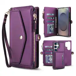 Dteck - Crossbody RFID Blocking Zipper Wallet Card For Samsung Galaxy S26 Ultra Handbag Magnetic Stand Wrist Strap Case - Purple