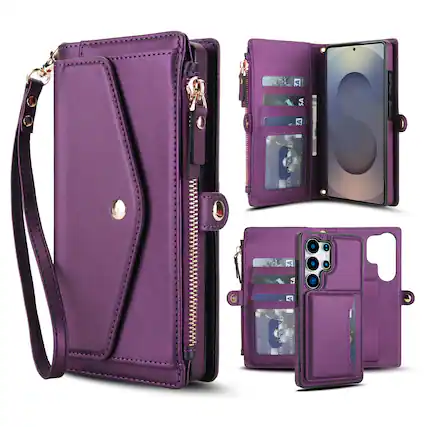 Front. Dteck - Crossbody RFID Blocking Zipper Wallet Card For Samsung Galaxy S26 Ultra Handbag Magnetic Stand Wrist Strap Case - Purple.
