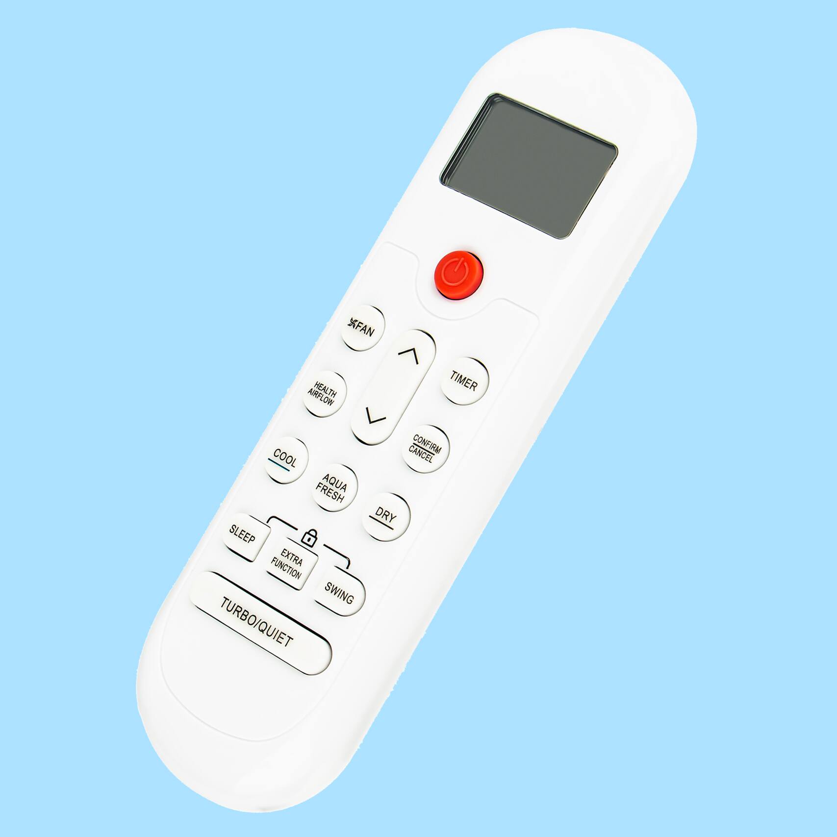 Sure, here is the corrected and grouped text from the image:

- **XFAN**
- **TIMER**
- **HEALTH AIRFLOW**
- **COOL**
- **AQUA FRESH**
- **DRY**
- **SLEEP**
- **EXTRA FUNCTION**
- **SWING**
- **TURBO/QUIET**
- **CANCEL**
- **CONFIRM**
- **POWER SAVE MODE**