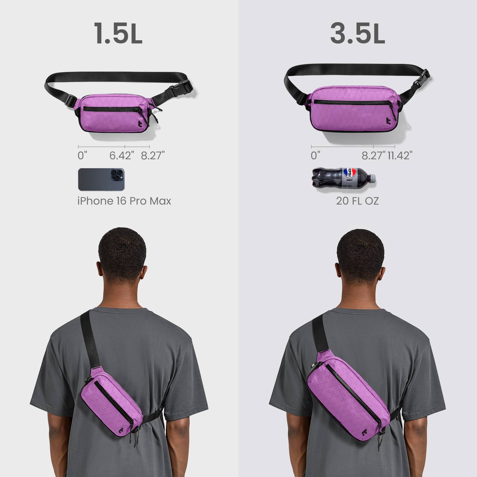 1.5L  
0" 6.42" 8.27"  
iPhone 16 Pro Max  

3.5L  
0" 8.27" 11.42"  
20 FL OZ