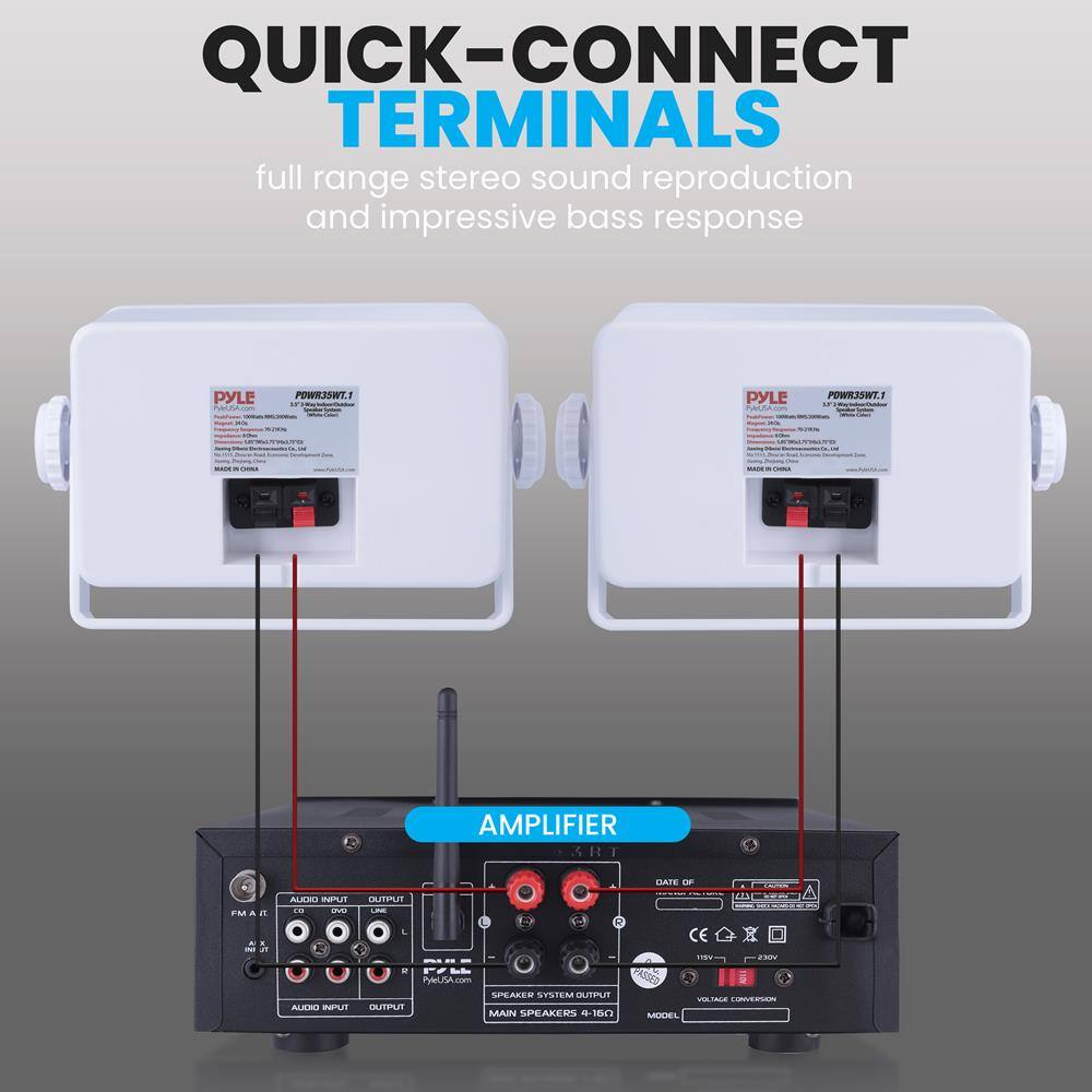 QUICK-CONNECT TERMINALS full range stereo sound reproduction and impressive bass response PYLE POWR3SWT.1 PYLE POWR3SWT.1 AMPLIFIER R R2 CLATE -F TM a #1 - - AEM INUE DU0 ALERO FLSN BUTIPU -- 3 . - PylelfA.com SPEAKER STSTEM BUTPLT BUTP MAU SPEARLS SI6 CE 11 2M VILALE OESPS MENIL