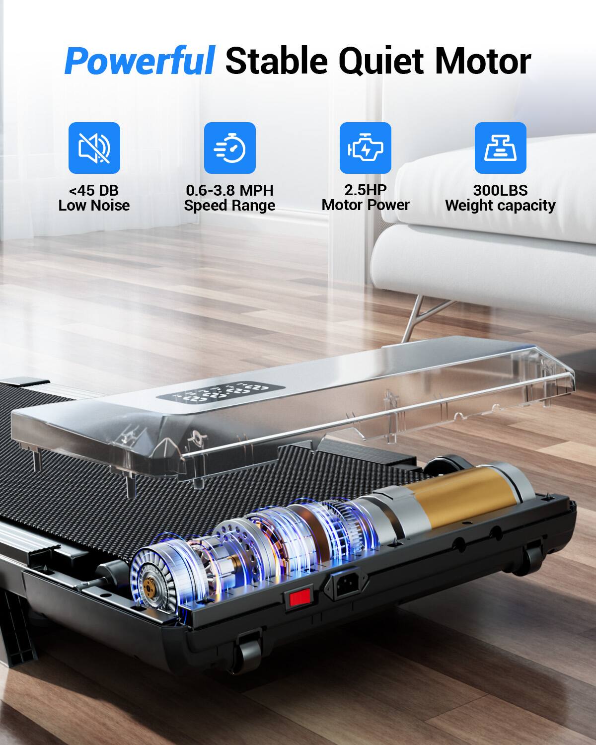 Powerful Stable Quiet Motor

- <45 DB Low Noise
- 0.6-3.8 MPH Speed Range
- 2.5HP Motor Power
- 300LBS Weight capacity