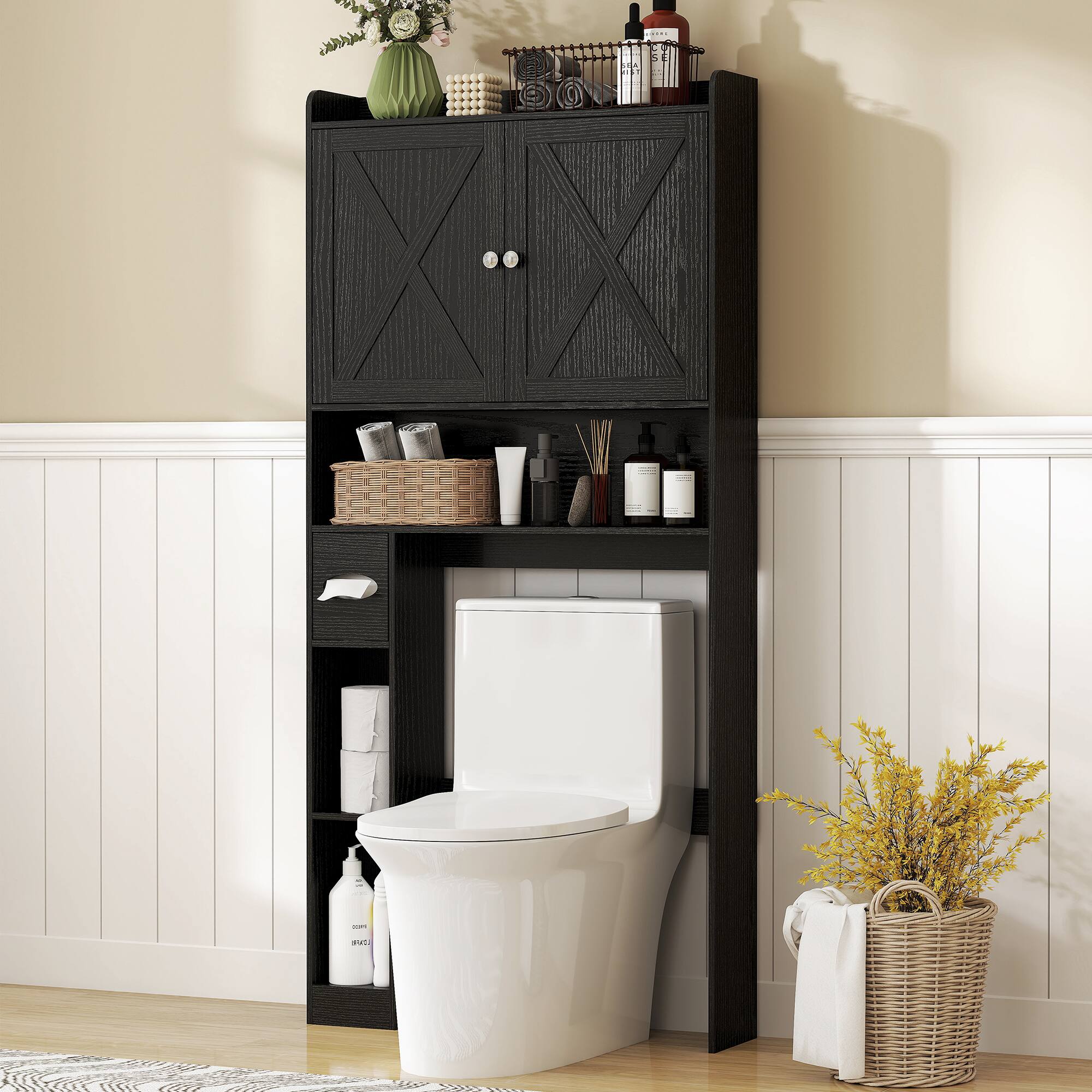 Homcom - Over the Toilet Storage Cabinet, Farmhouse Above Toilet Bathroom Organizer with Barn Doors, Adjustable Shelf - Distressed Black