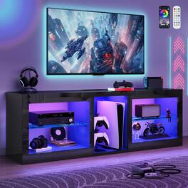 Lent Glitter Wood - 63" High-Gloss LED TV Stand with Power Outlet Adjustable Storage - Black