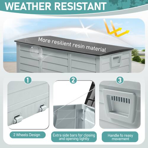 1. WEATHER RESISTANT
   - More resilient resin material

2. 2 Wheels Design

3. Extra side bars for closing and opening lightly

4. Handle for easy movement