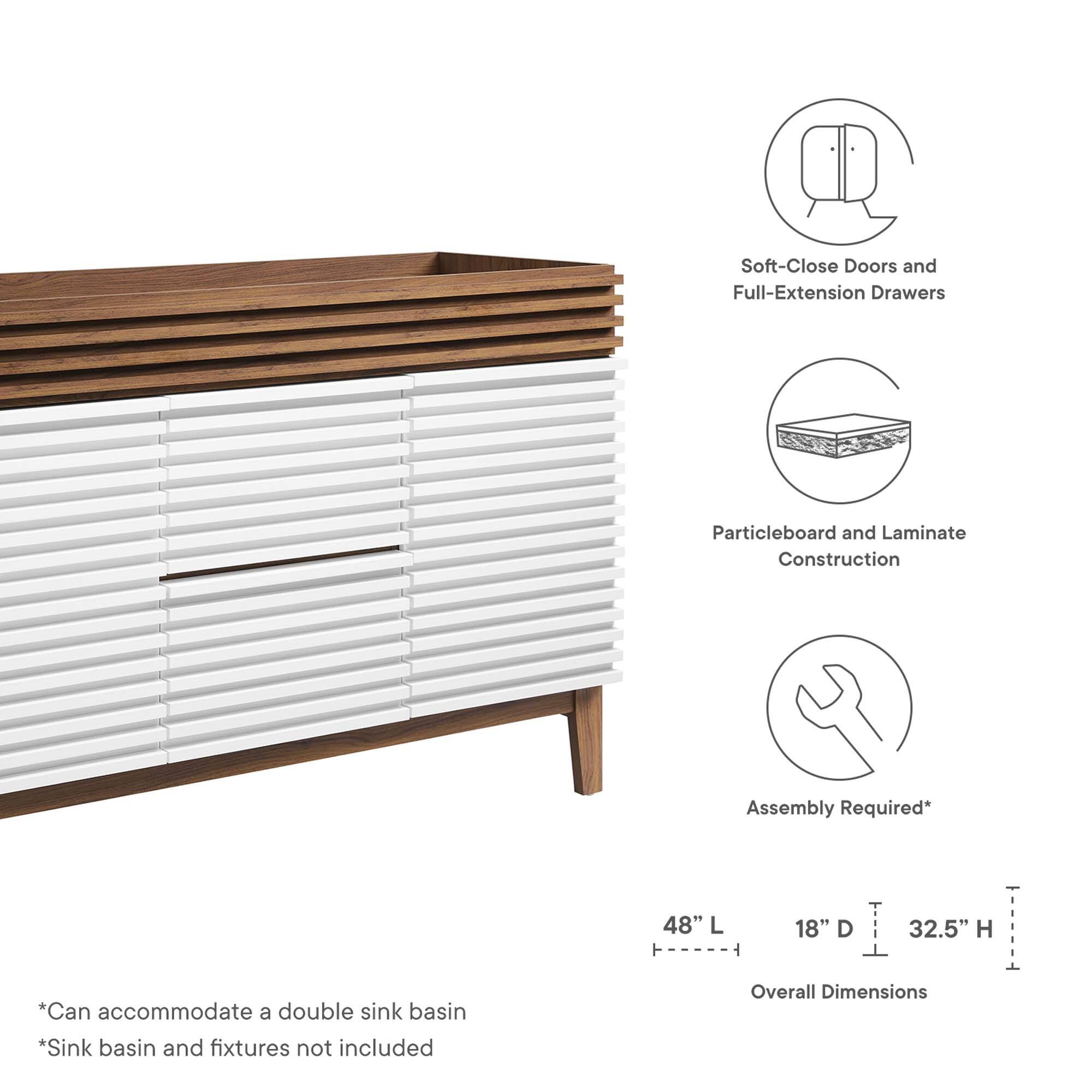 Soft-Close Doors and Full-Extension Drawers  
Particleboard and Laminate Construction  
Assembly Required*  

48" L x 18" D x 32.5" H  

*Can accommodate a double sink basin  
*Sink basin and fixtures not included  

Overall Dimensions