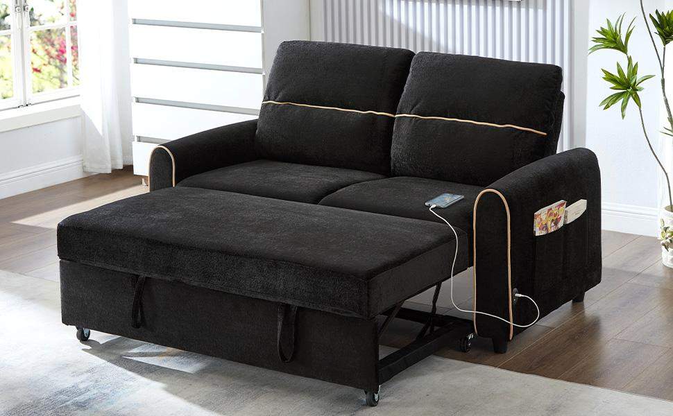Left. Roomtec - Chenille Pull Out Sofa Bed 58inch Sofa Bed Sleeper Sofa Loveseat Sofa with Adjustable 3 Position Backrest 4 Side - Black.