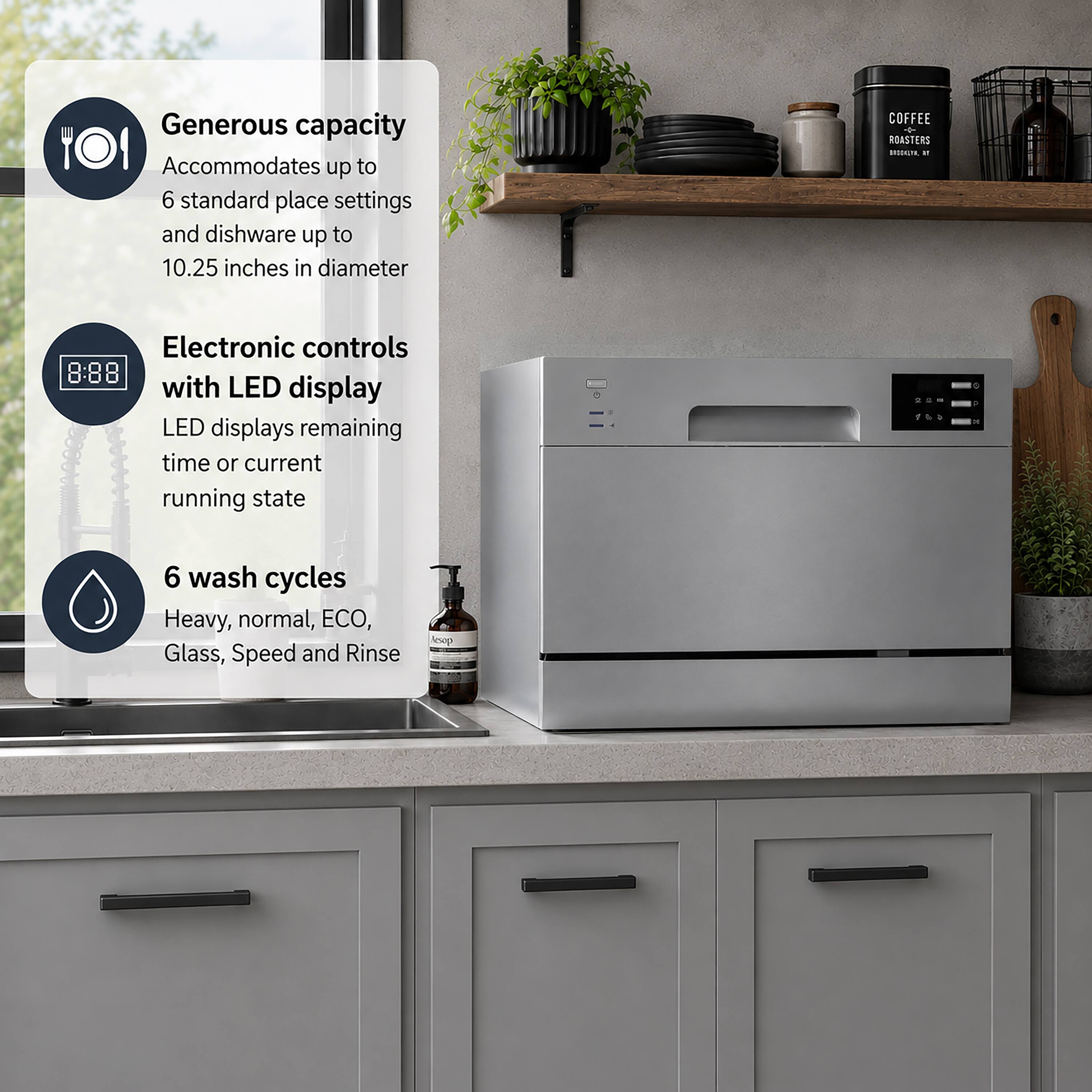 Generous capacity  
Accommodates up to 6 standard place settings and dishware up to 10.25 inches in diameter  

Electronic controls with LED display  
LED displays remaining time or current running state  

6 wash cycles  
Heavy, normal, ECO, Glass, Speed and Rinse
