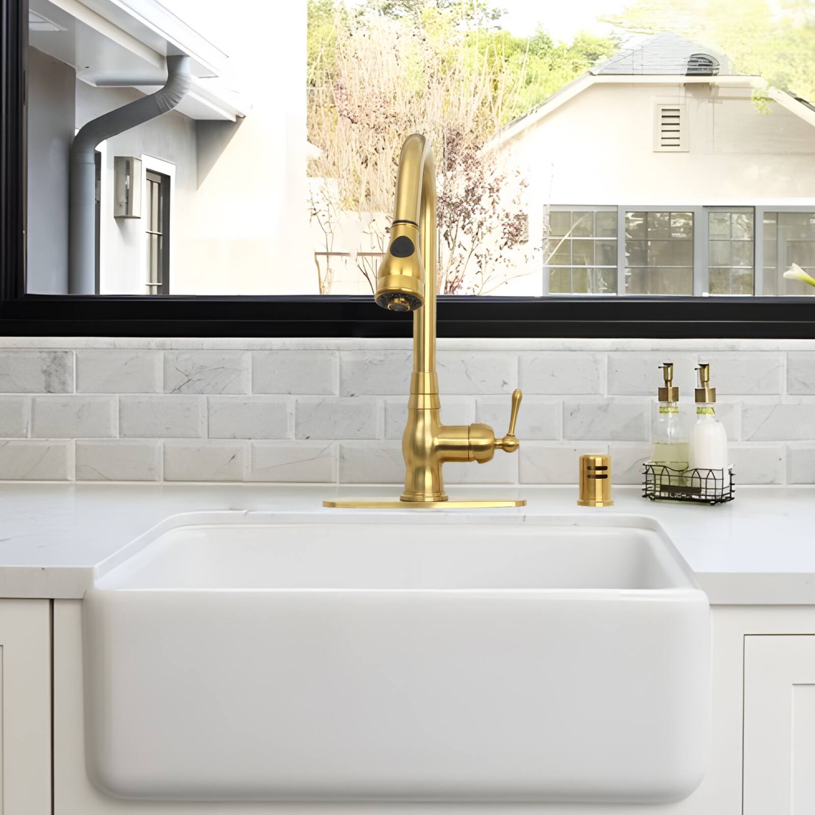 Alt View 5. Akicon - Akicon Solid Brass One-Handle Kitchen Faucet with Pull Down Sprayer in Brushed Gold - Brushed Gold.