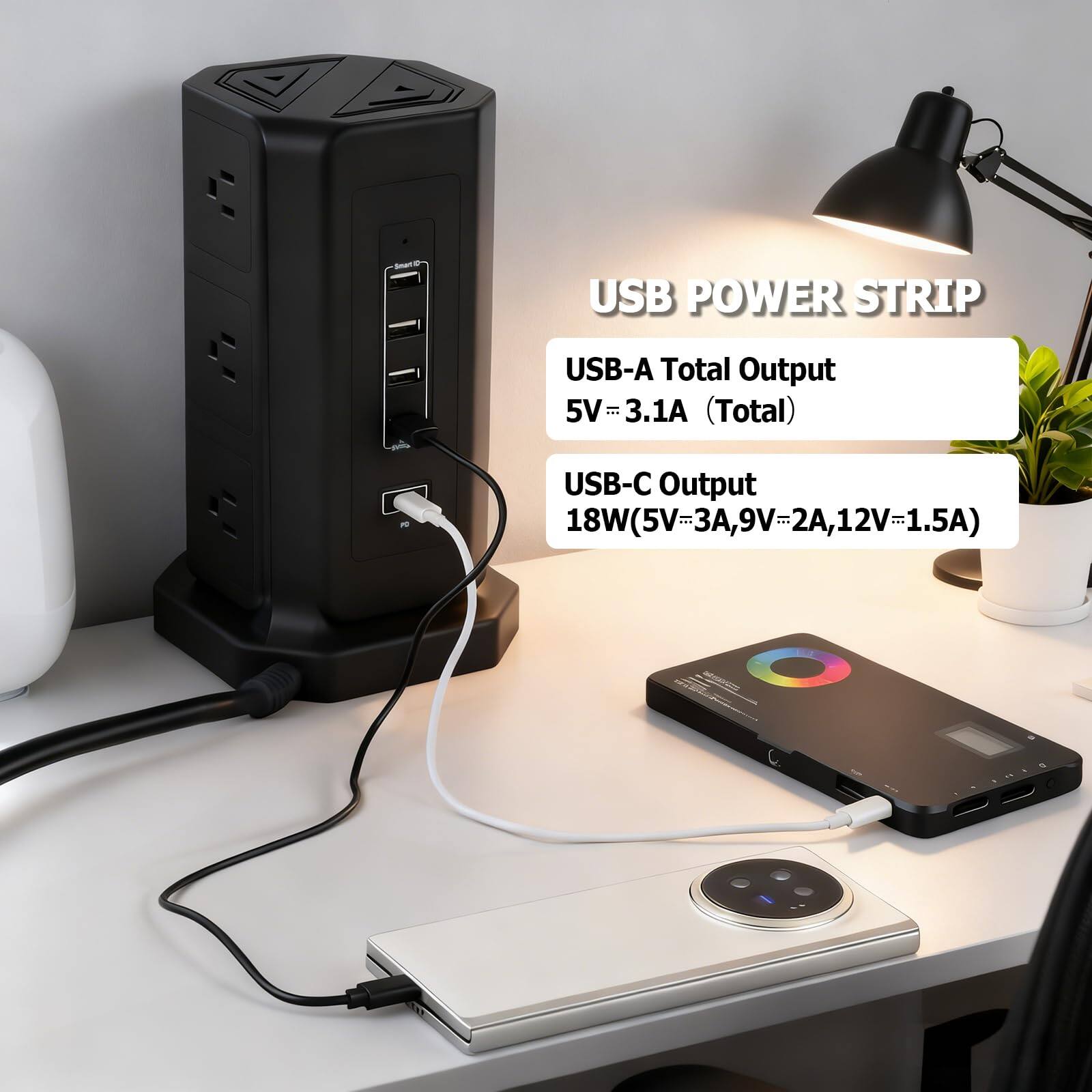 USB POWER STRIP

USB-A Total Output
5V = 3.1A (Total)

USB-C Output
18W (5V = 3A, 9V = 2A, 12V = 1.5A)