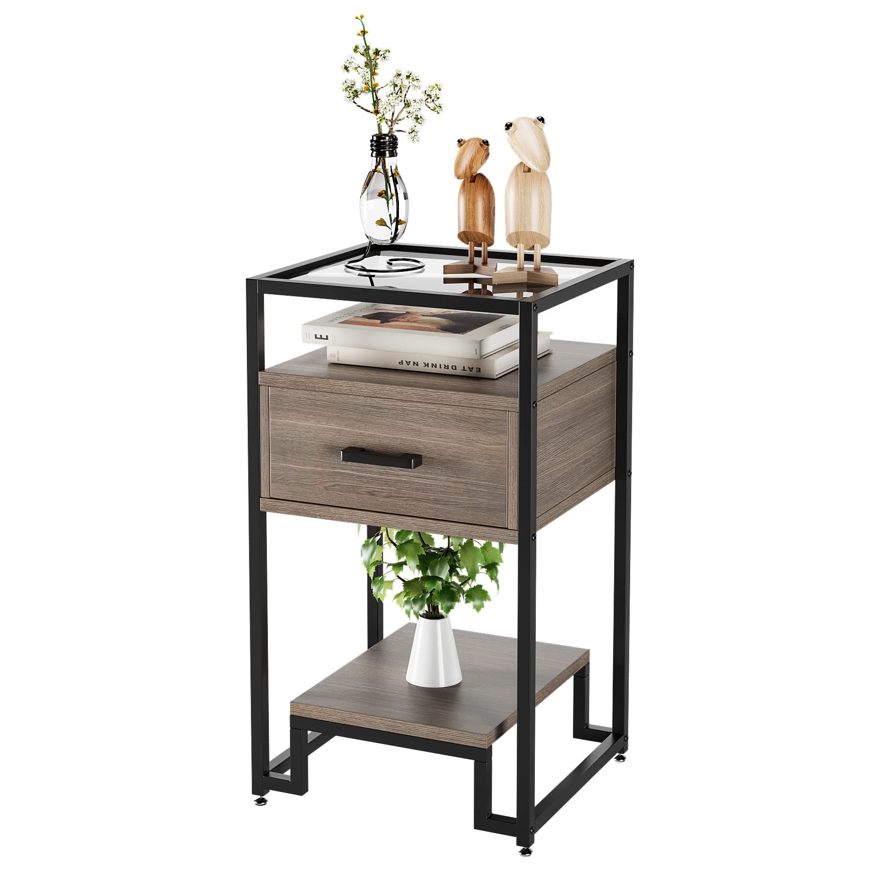 Acekool - End Table with Storage Drawer and 3-Tier Storage & Tempered Glass Top, Bedside Furniture with Steel Frame - Brown
