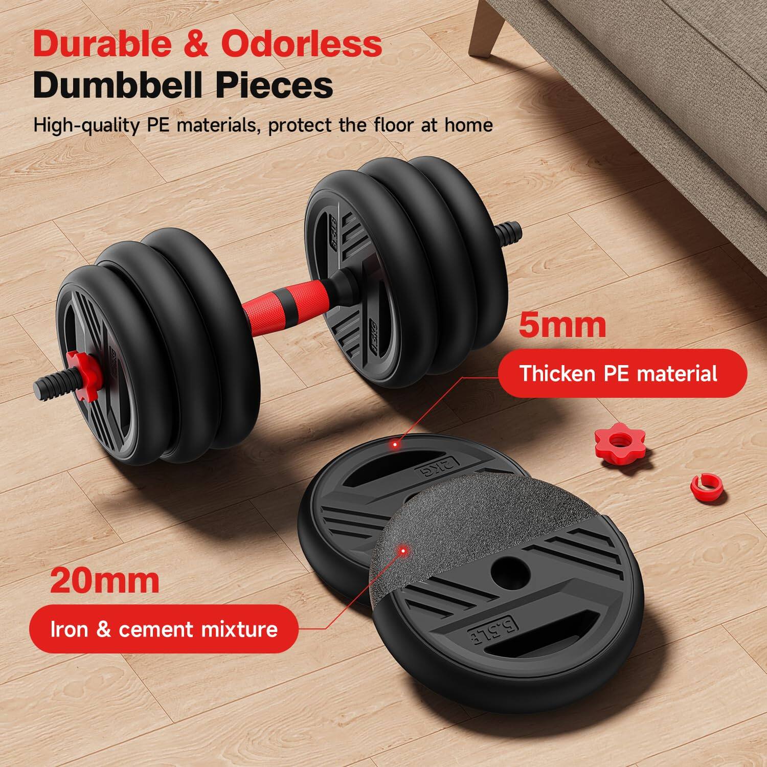 Durable & Odorless Dumbbell Pieces

High-quality PE materials, protect the floor at home

5mm Thickened PE material

20mm Iron & cement mixture