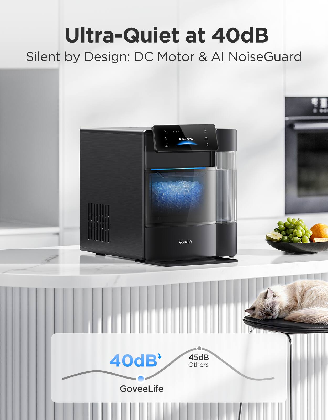 Ultra-Quiet at 40dB  
Silent by Design: DC Motor & AI NoiseGuard  

40dB  
GoveeLife  

45dB  
Others