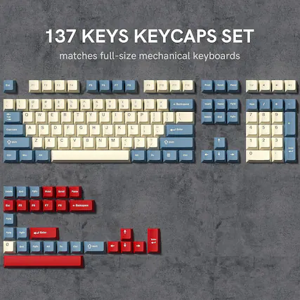 137 KEYS KEYCAPS SET matches full-size mechanical keyboards
Esc F1 F2 F3 F4 F5 F6 F7 F8 F9 F10 F11 F12 Print Scroll Pause Cal
0 - I 1 2 3 4 5 6 7 8 9 0 - . Backspace Insert Home PgUp Num / * - + T - Capi Lara Q W E R T Y U I O P : : I I 1 - I : I I Enter Delete PgDn 7 4 8 5 9 6 4 SI W Z X C V B N M A > AHl 7 / Fn INn Chr
1 0 2 3 EaE a Delete EM Pp Priet Scnes Pause Ess FS F6 F7 FB Backspace Punp Patl D Ester t En D All Fe IH S Euas t