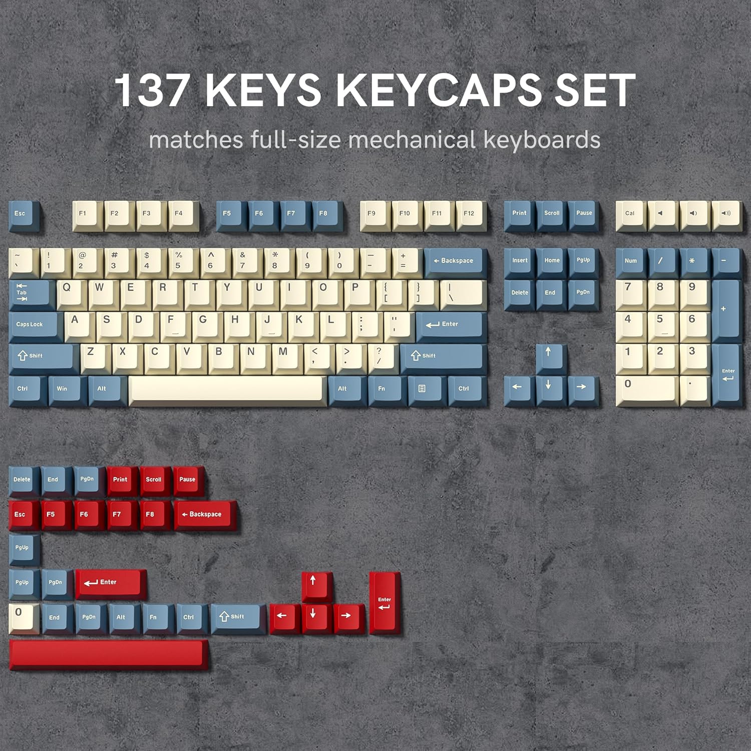 137 KEYS KEYCAPS SET matches full-size mechanical keyboards

Esc F1 F2 F3 F4 F5 F6 F7 F8 F9 F10 F11 F12 Print Scroll Pause Cal

0 - I 1 2 3 4 5 6 7 8 9 0 - . Backspace Insert Home PgUp Num / * - + T - Capi Lara Q W E R T Y U I O P : : I I 1 - I : I I Enter Delete PgDn 7 4 8 5 9 6 4 SI W Z X C V B N M A > AHl 7 / Fn INn Chr

1 0 2 3 EaE a Delete EM Pp Priet Scnes Pause Ess FS F6 F7 FB Backspace Punp Patl D Ester t En D All Fe IH S Euas t