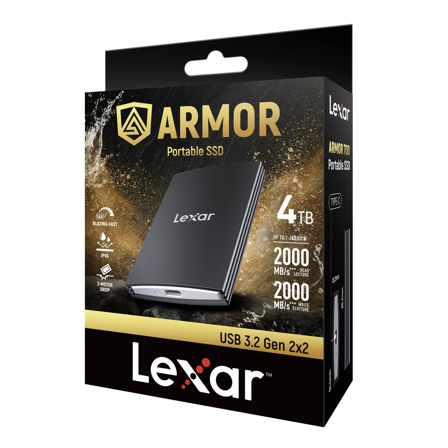 ARMOR Lexar Portable SSD ARMOR 700 Portable 4 TB BLAZING-FAST UP TO 2000 MB/s READ LECTURE 2000 MB/s WRITE ECRITURE USB 3.2 Gen 2x2 Lexar TM TAC