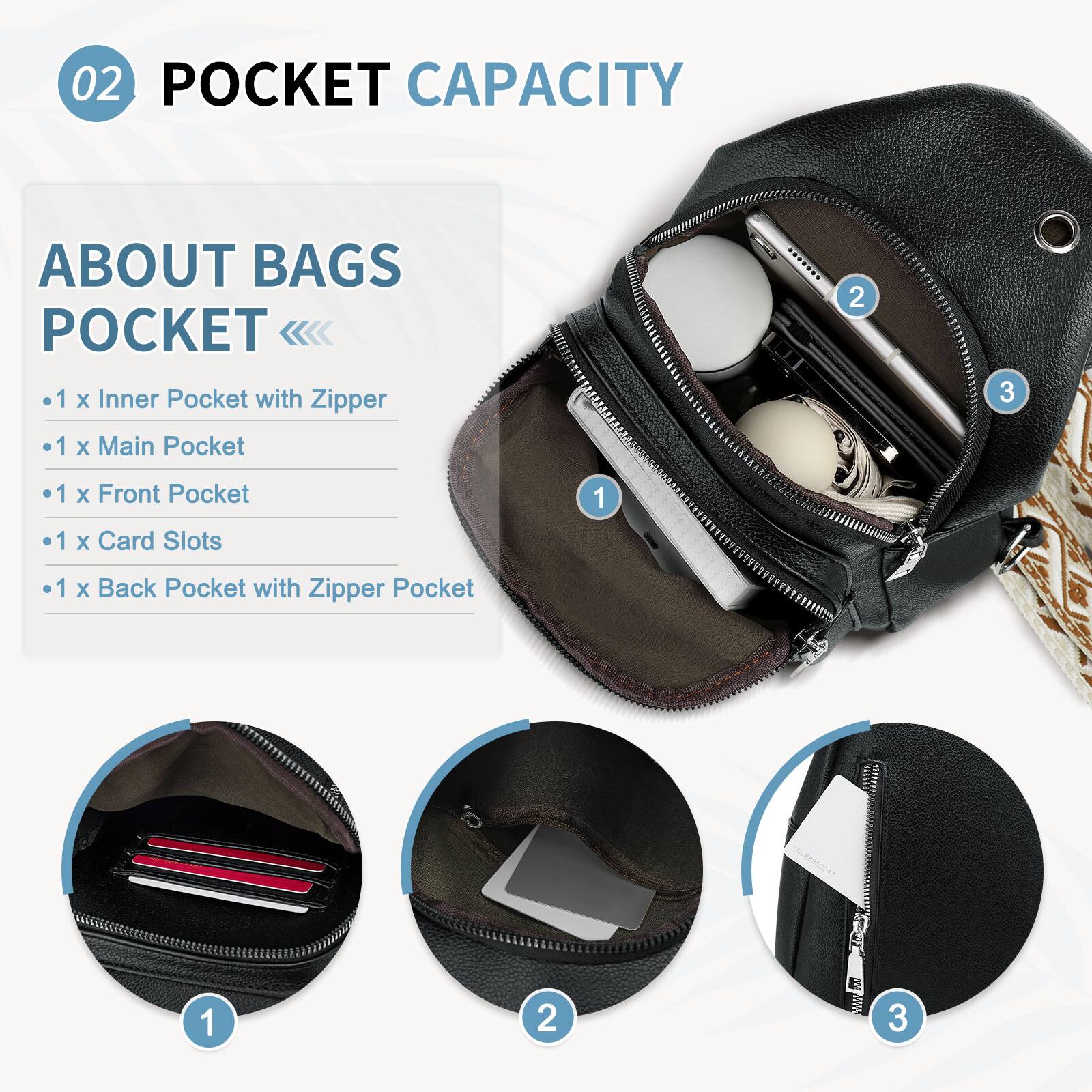 02 POCKET CAPACITY

ABOUT BAGS POCKET

- 1 x Inner Pocket with Zipper
- 1 x Main Pocket
- 1 x Front Pocket
- 1 x Card Slots
- 1 x Back Pocket with Zipper Pocket