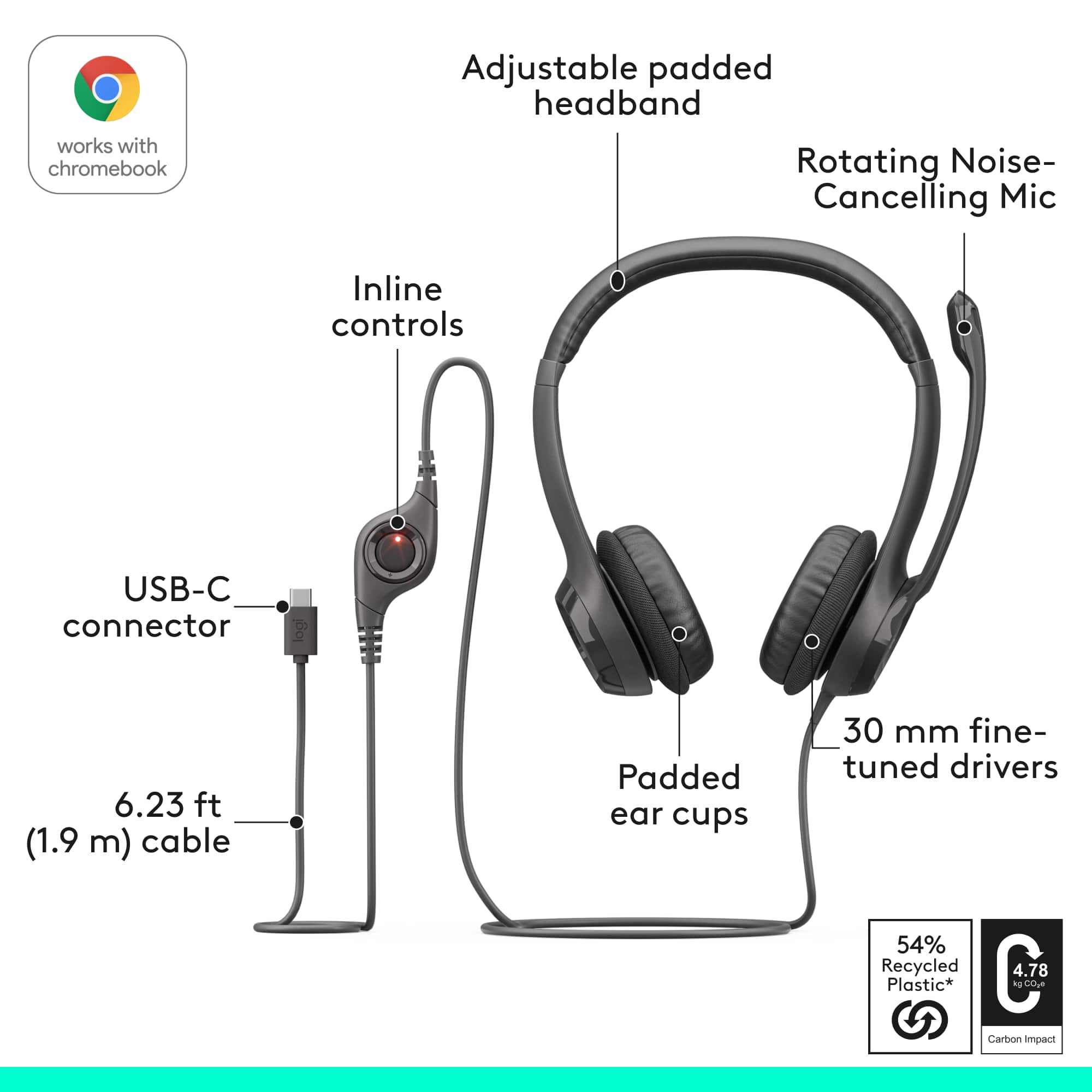 The image features a pair of headphones with a USB-C connector and inline controls. The headphones have a rotating noise-cancelling mic and padded ear cups. The headband is adjustable and padded for comfort. The headphones are designed to work with Chromebooks and have a 6.23 ft (1.9 m) cable. They are made with 54% recycled materials and have a 30 mm fine-tuned driver.