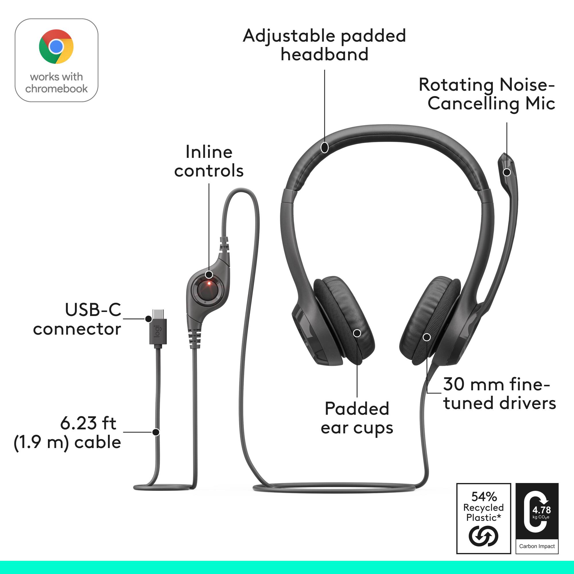 The image features a pair of headphones with a USB-C connector and inline controls. The headphones have a rotating noise-cancelling mic and padded ear cups. The headband is adjustable and padded for comfort. The headphones are designed to work with Chromebooks and have a 6.23 ft (1.9 m) cable. They are made with 54% recycled materials and have a 30 mm fine-tuned driver.