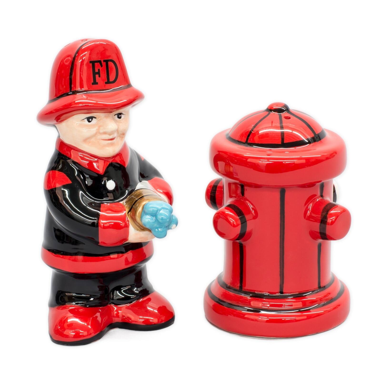 Left. Pacific Trading - Fireman with Hose and Hydrant 4 Inch Ceramic Magnetic Salt and Pepper Shaker Set Novelty Gift - Red.
