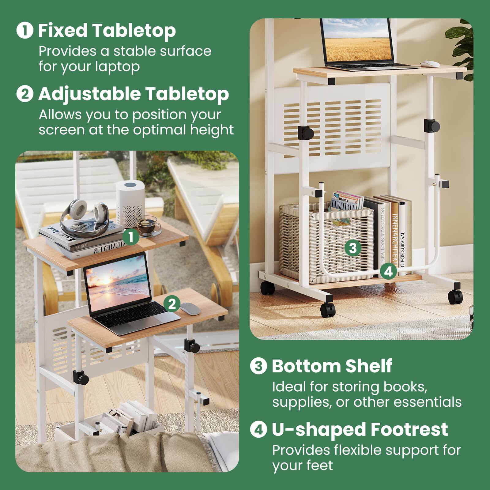 1. Fixed Tabletop  
   Provides a stable surface for your laptop  

2. Adjustable Tabletop  
   Allows you to position your screen at the optimal height  

3. Bottom Shelf  
   Ideal for storing books, supplies, or other essentials  

4. U-shaped Footrest  
   Provides flexible support for your feet