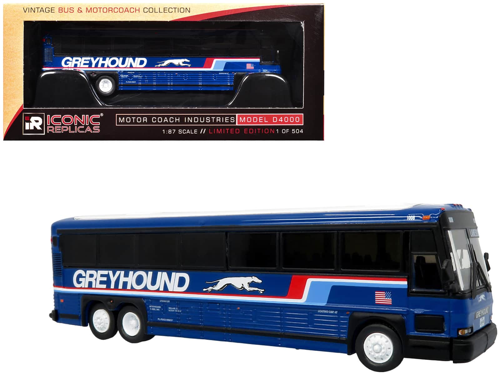 Iconic Replicas - 2001 MCI D4000 Coach Bus Greyhound Stripes Vintage Bus & Motorcoach Collection Limited Edition 1/87 HO - Blue