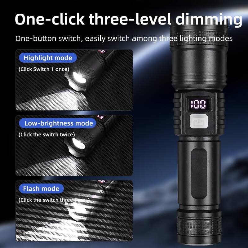 One-click three-level dimming  
One-button switch, easily switch among three lighting modes  

Highlight mode  
(Click Switch 1 once)  

Low-brightness mode  
(Click the switch twice)  

Flash mode  
(Click the switch three times)