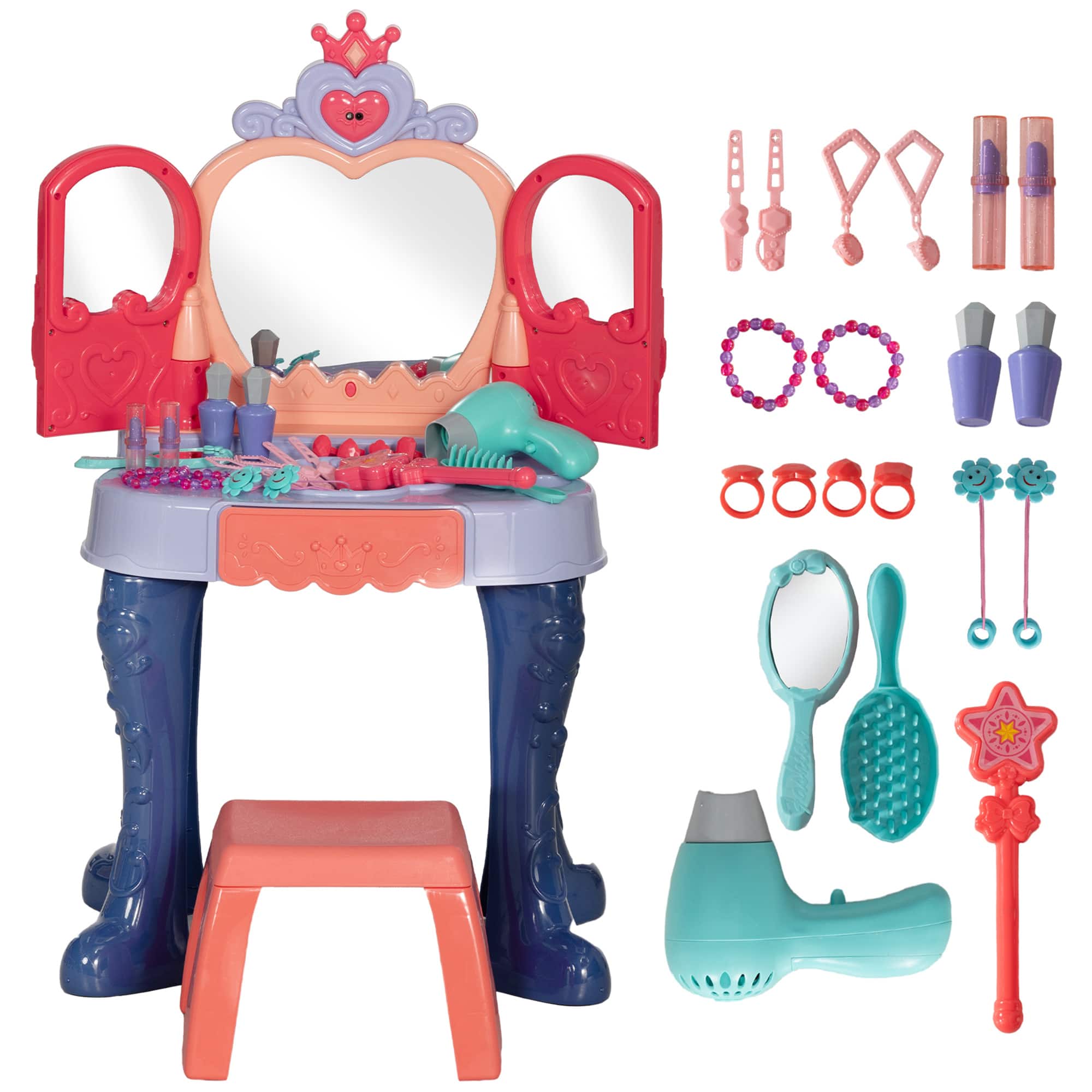 Qaba - Kids Vanity Set with Mirror and Stool, Toddler Makeup Table with Music, Light, Drawer, Hair Dryer, 20 Makeup Accessories