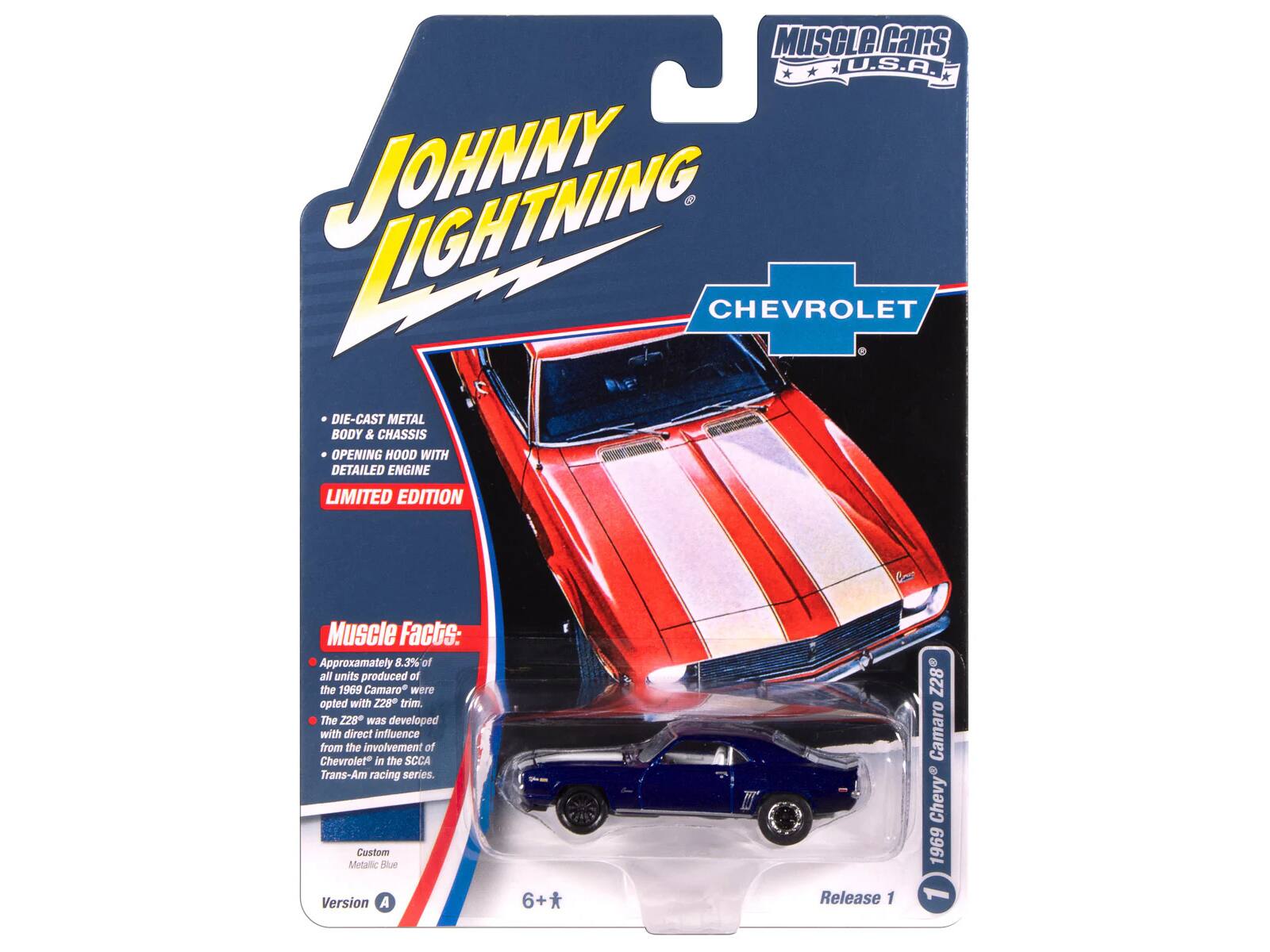 MUSCLE CARS U.S.A. LIGHTNING JOHNNY CHEVROLET DIE-CAST METAL BODY & CHASSIS OPENING HOOD WITH DETAILED ENGINE LIMITED EDITION

Muscle Facts:
Approximately 8.3% of all units produced of the 1969 Camaro were opted with Z28 trim. The Z28 was developed with direct influence from the involvement of Chevrolet in the SCCA Trans-Am racing series.

Custom Metallic Blue Version A 6+* T Release 1 Z28 Camaro Chevy 1969