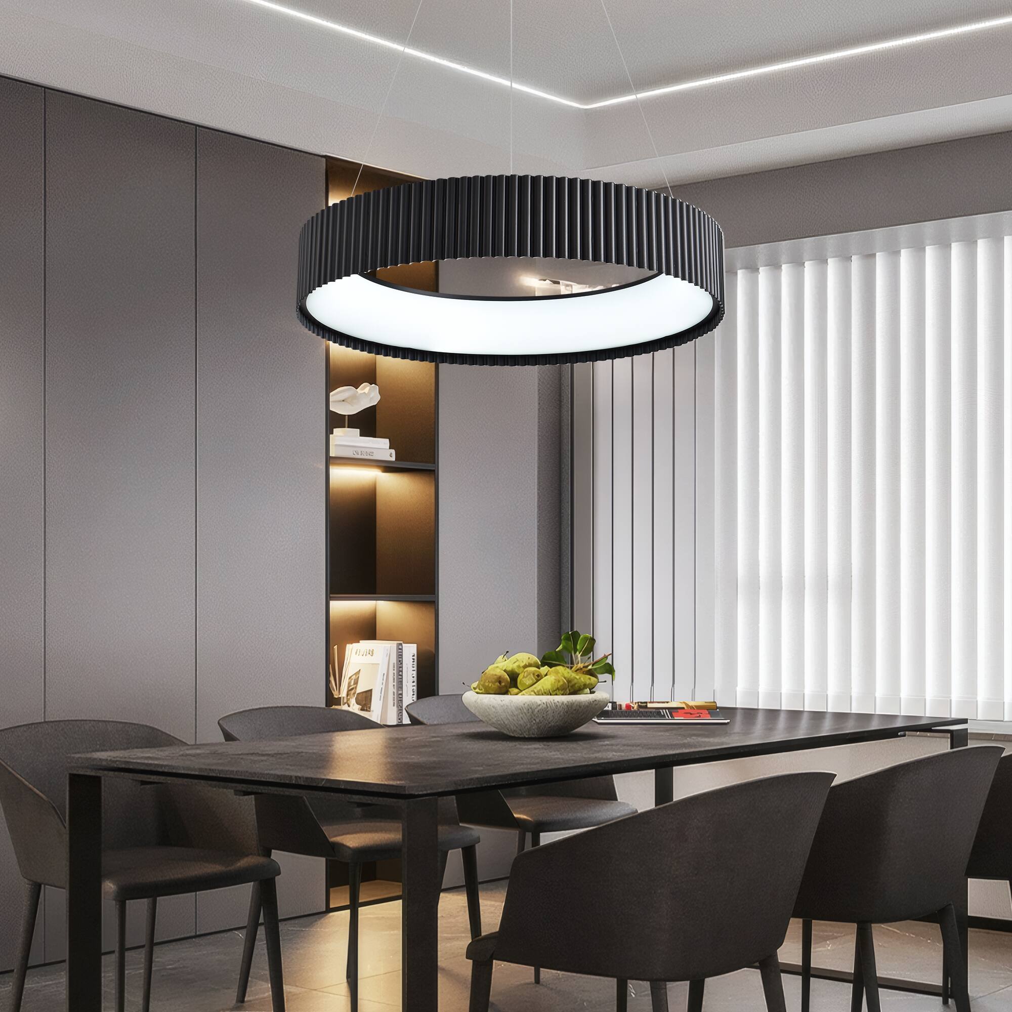 Alt View 2. RYHNUYNE - Modern LED Chandelier,Black Circular LED Pendant Light Ring with Remote, Round Hanging Light for Kitchen Dining Room - Black.