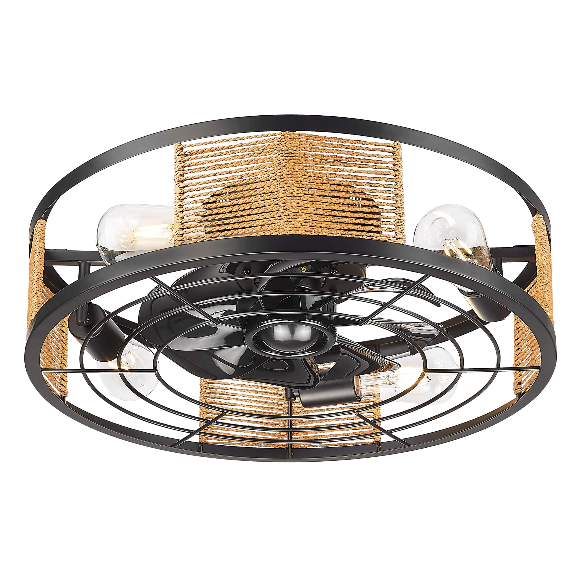 JAZAVA - 20 in. Indoor 100-240 V with Remote Control Rattan Cage Ceiling Fan with Light - Black