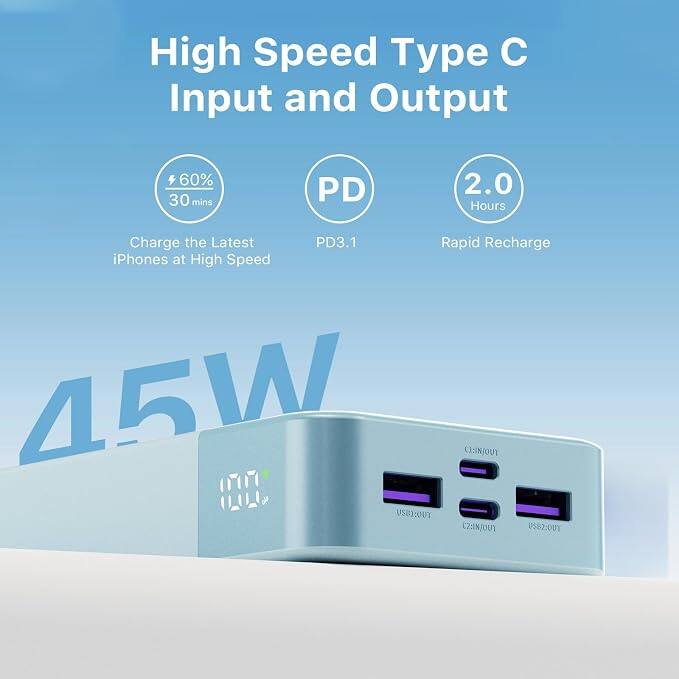 High Speed Type C Input and Output

- 60% in 30 mins
- PD 3.1
- 2.0 Hours Rapid Recharge

Charge the Latest iPhones at High Speed

45W

C2:INJOUT
0582:00T