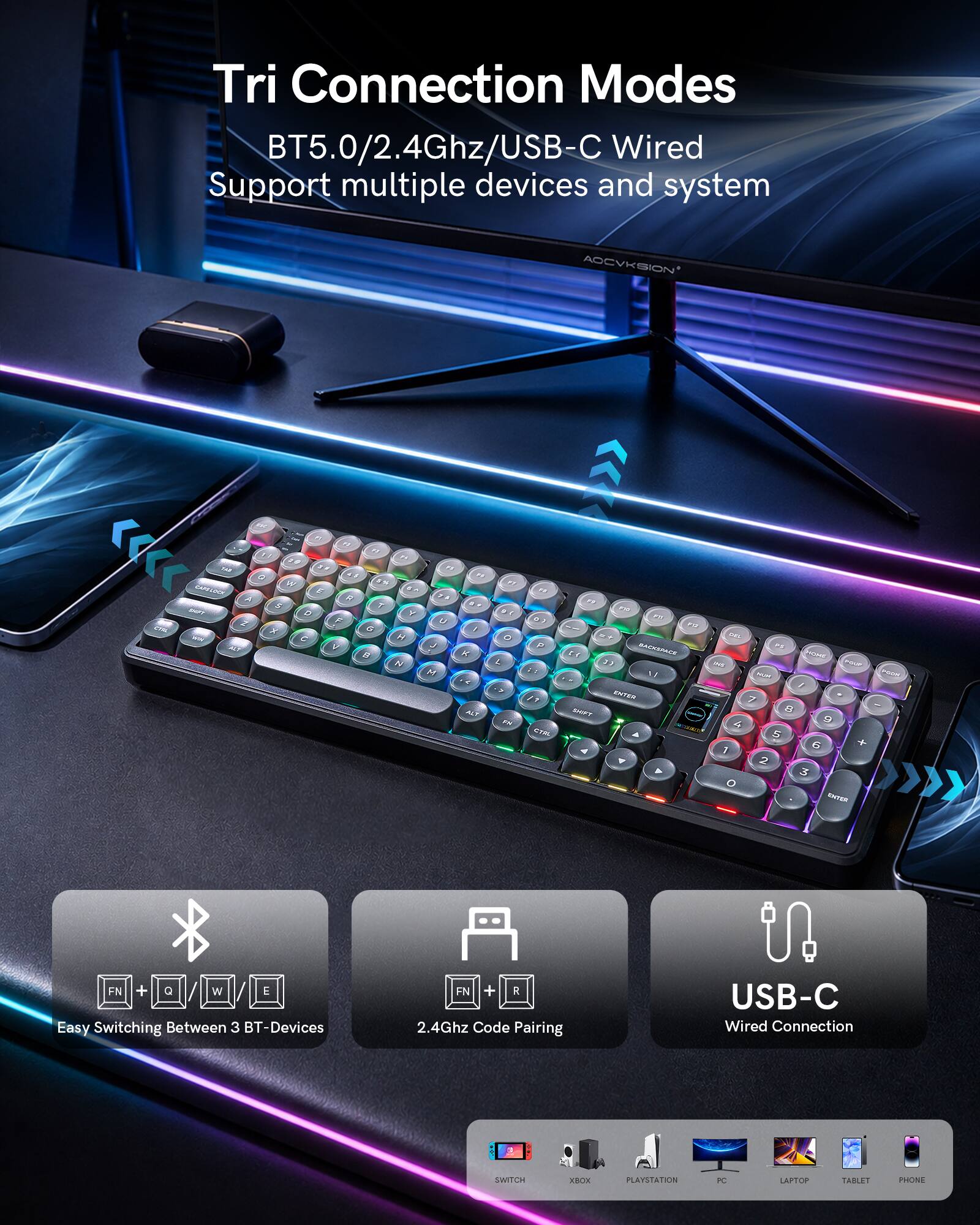 Tri Connection Modes BT5.0/2.4Ghz/USB-C Wired Support multiple devices and system

- Easy Switching Between 3 BT-Devices
- 2.4Ghz Code Pairing
- USB-C Wired Connection

SWITCH
XBOX
PLAYSTATION
PC
LAPTOP
TABLET
PHONE