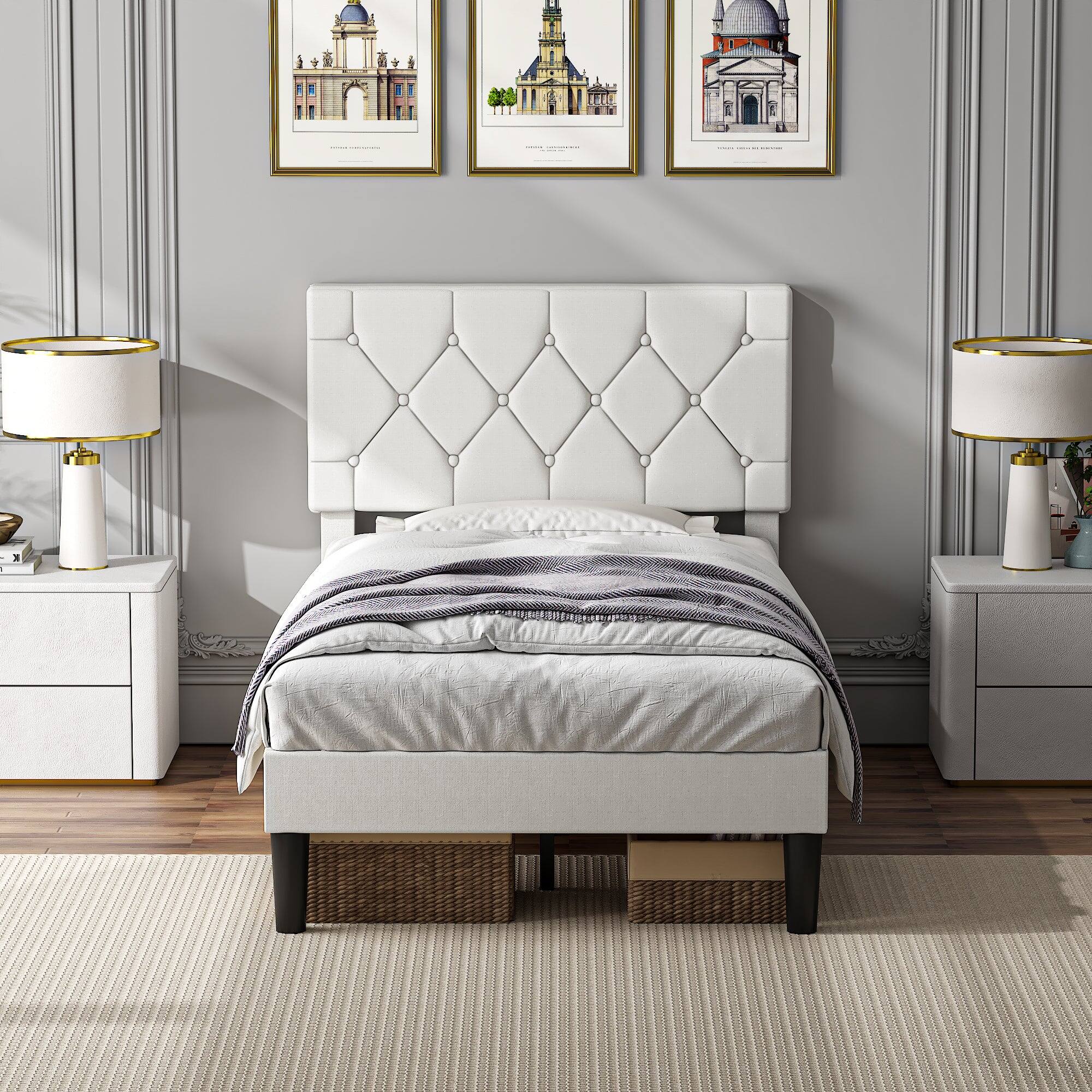 Front. Vecelo - Twin Size Bed Frame with Button Tufted Headboard,Upholstered Platform Bedframe with Wood Slat Support - White.