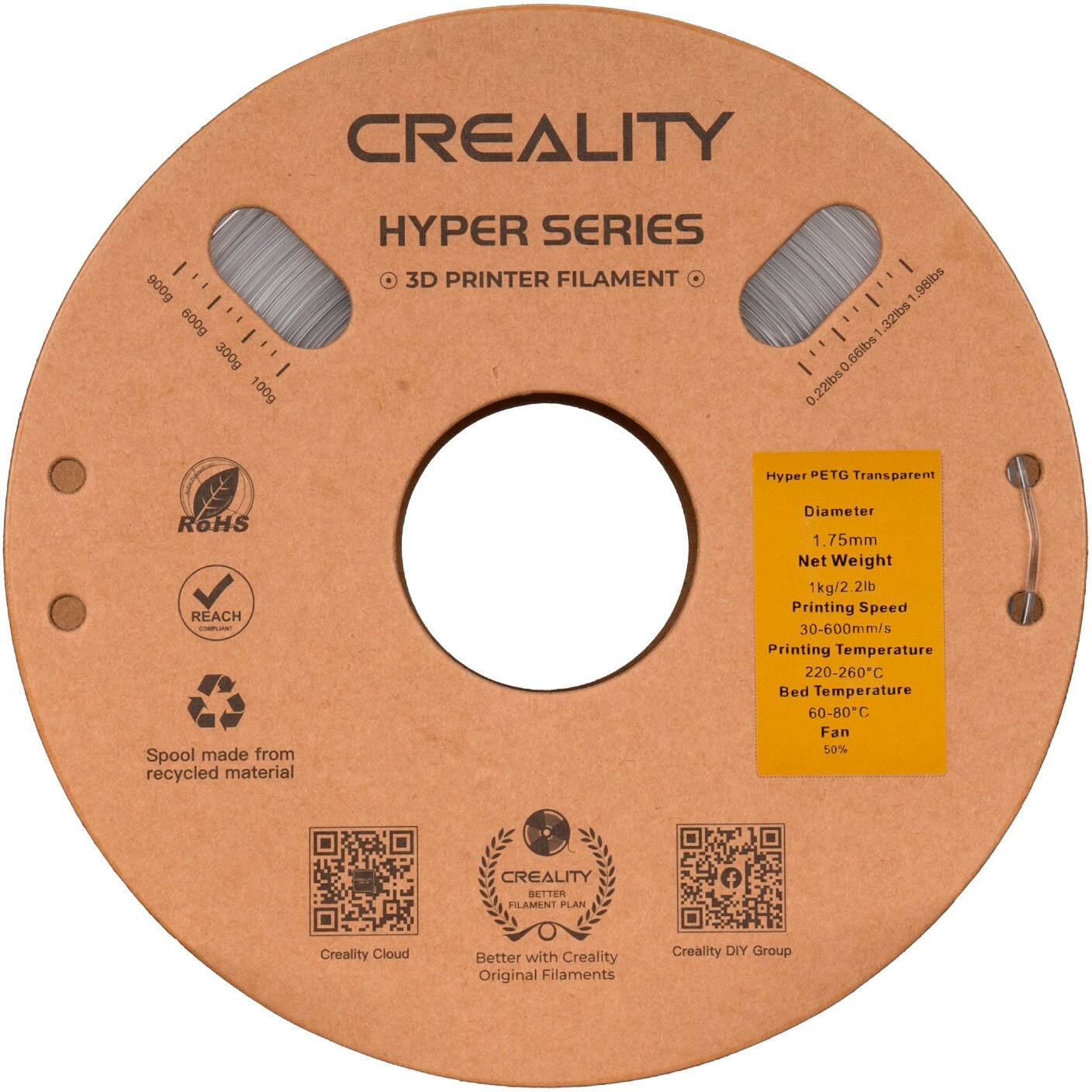 Creality Hyper Series 3D Printer Filament 96lbs 900g - B009 lolalal 32ibs 1 300g 66lbs O 100g 0.22lbs0 Hyper PETG Transparent ROHS REACH - Spool made from recycled material Diameter 1.75mm Net Weight 1kg/2 2lb Printing Speed 30-600mm/s Printing Temperature 220-260C Bed Temperature 60-80C Fan 50% Creality Better Filament Plan Creality Cloud Better with Creality Original Filaments Creality DIY Group