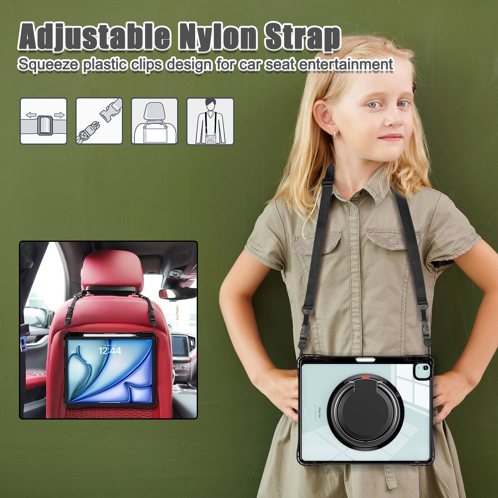 Adjustable Nylon Strap  
Squeeze plastic clips design for car seat entertainment